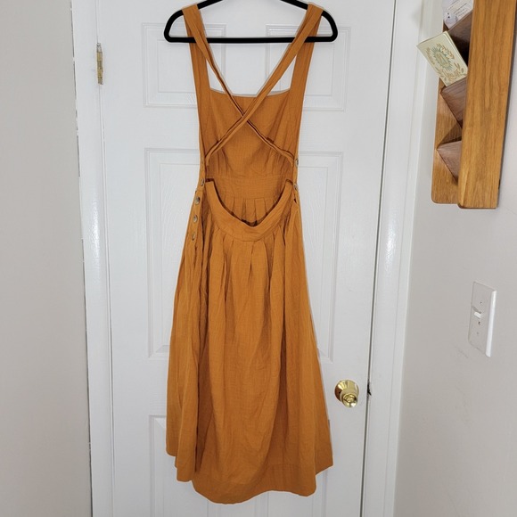 Free People Lula Apron Bib Open Back Midi Dress In Gold Size 8 Cotton - Picture 3 of 14